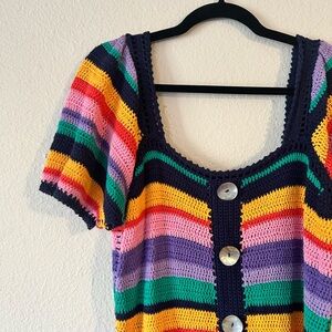 Farm Rio M Renata Rainbow Crochet Dress w/Pearl Buttons - Mini - EUC